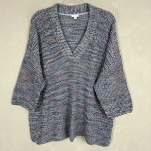J. Jill size XL chunky knit sweater 3/4 sleeve oversized v-neck blue 100% cotton